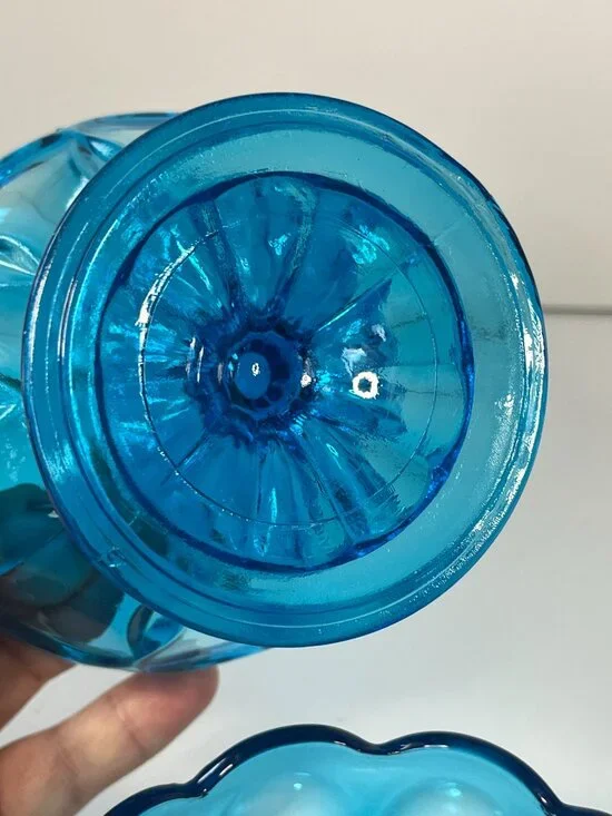 Anchor Hocking Blue Fairfield Pedestal Compote Dishes 70s Vintage Bohemian Glass - Picture 7 of 11